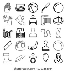 Rubber icons. set of 25 editable outline rubber icons such as stamp, pacifier, beach ball, child playground carousel, eraser, plastic ball, water hose, pipette, censored woman