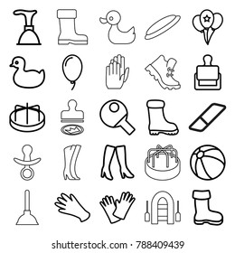 Rubber icons. set of 25 editable outline rubber icons such as boot, stamp, duck, beach ball, child playground carousel, gloves, plunger, woman boots, balloon, table tennis
