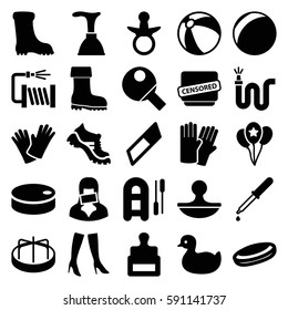 rubber icons set. Set of 25 rubber filled icons such as stamp, pacifier, duck, beach ball, child playground carousel, glove, plunger, woman boots, boot, water hose, gloves
