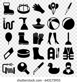 Rubber icons set. set of 25 rubber filled icons such as boot, duck, beach ball, child playground carousel, gloves, plunger, woman boots, water hose, pipette