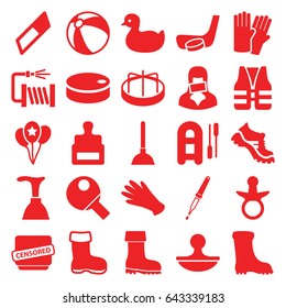 Rubber icons set. set of 25 rubber filled icons such as boot, stamp, pacifier, duck, beach ball, child playground carousel, glove, gloves, plunger, water hose, censored woman