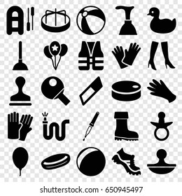 Rubber icons set. set of 25 rubber filled icons such as pacifier, duck, beach ball, child playground carousel, glove, gloves, plunger, woman boots, boot, stamp, water hose