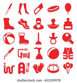 Rubber icons set. set of 25 rubber filled icons such as boot, stamp, pacifier, beach ball, child playground carousel, plunger, woman boots, water hose, gloves, pipette