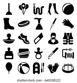 Rubber icons set. set of 25 rubber filled icons such as stamp, pacifier, beach ball, child playground carousel, gloves, plunger, woman boots, boot, water hose, pipette