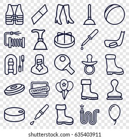 Rubber icons set. set of 25 rubber outline icons such as boot, pacifier, child playground carousel, plunger, woman boots, stamp, water hose, pipette, censored woman, censored