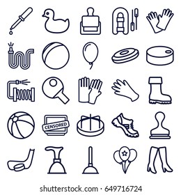 Rubber icons set. set of 25 rubber outline icons such as stamp, duck, beach ball, child playground carousel, glove, gloves, plunger, woman boots, boot, water hose, pipette