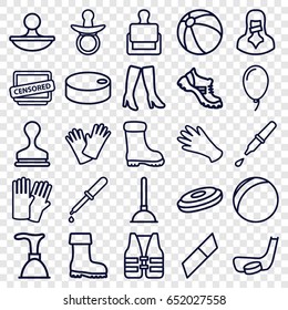 Rubber icons set. set of 25 rubber outline icons such as stamp, pacifier, beach ball, glove, gloves, plunger, woman boots, boot, pipette, censored woman, censored, balloon