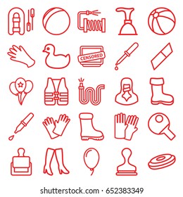 Rubber icons set. set of 25 rubber outline icons such as stamp, boot, duck, beach ball, glove, gloves, plunger, woman boots, water hose, pipette, censored woman, censored