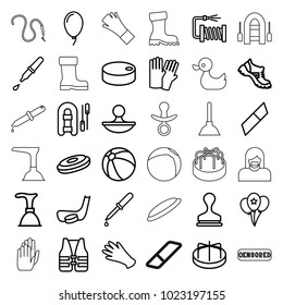 Rubber icons. set of 36 editable outline rubber icons such as beach ball, child playground carousel, glove, gloves, plunger, boot, stamp, eraser, inflatable boat, hockey puck