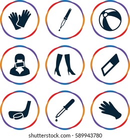 rubber icons set. Set of 9 rubber filled icons such as beach ball, gloves, woman boots, pipette, censored woman, hockey stick and puck