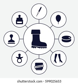 rubber icons set. Set of 9 rubber filled icons such as stamp, pacifier, woman boots, boot, censored, pipette, balloon