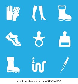 rubber icons set. Set of 9 rubber filled icons such as boot, stamp, pacifier, glove, woman boots, water hose