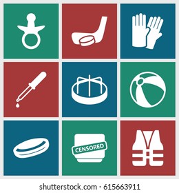 Rubber icons set. set of 9 rubber filled icons such as pacifier, beach ball, child playground carousel, glove, pipette, censored, hockey stick and puck, life vest