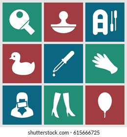 Rubber icons set. set of 9 rubber filled icons such as duck, gloves, woman boots, pipette, censored woman, stamp, balloon, table tennis