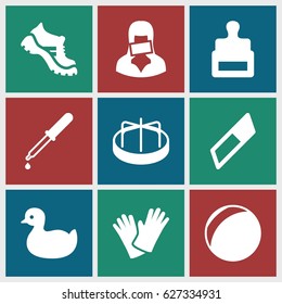 Rubber icons set. set of 9 rubber filled icons such as stamp, duck, child playground carousel, boot, gloves, pipette, censored woman, eraser