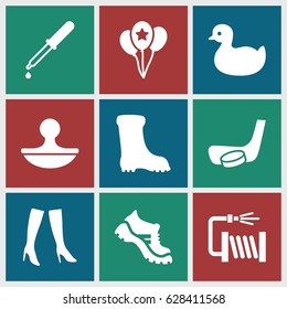 Rubber icons set. set of 9 rubber filled icons such as duck, woman boots, boot, water hose, pipette, stamp, balloon