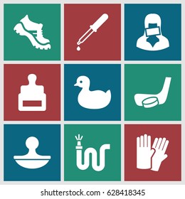Rubber icons set. set of 9 rubber filled icons such as stamp, duck, glove, boot, water hose, pipette, censored woman