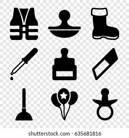 Rubber icons set. set of 9 rubber filled icons such as boot, stamp, pacifier, plunger, pipette, balloon, life vest