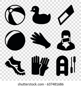 Rubber icons set. set of 9 rubber filled icons such as duck, beach ball, glove, gloves, boot, censored woman, inflatable boat, eraser
