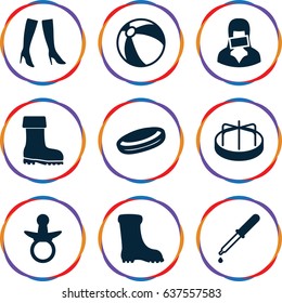 Rubber icons set. set of 9 rubber filled icons such as pacifier, beach ball, child playground carousel, woman boots, boot, pipette, censored woman