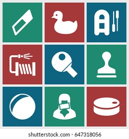 Rubber icons set. set of 9 rubber filled icons such as duck, stamp, water hose, censored woman, hockey puck, table tennis, inflatable boat, eraser