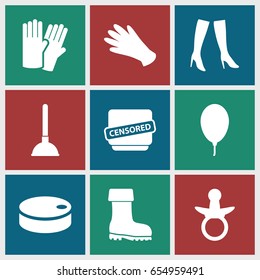 Rubber icons set. set of 9 rubber filled icons such as pacifier, glove, gloves, plunger, woman boots, boot, censored, balloon
