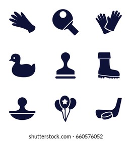 Rubber icons set. set of 9 rubber filled icons such as duck, gloves, stamp, boot, balloon, hockey stick and puck