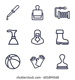 rubber icons set. Set of 9 rubber outline icons such as stamp, beach ball, plunger, water hose, boot, gloves, pipette
