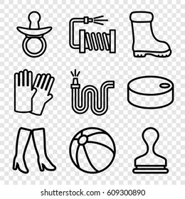 Rubber icons set. set of 9 rubber outline icons such as pacifier, beach ball, glove, woman boots, boot, stamp, water hose