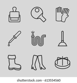Rubber icons set. set of 9 rubber outline icons such as stamp, boot, child playground carousel, glove, plunger, woman boots, water hose, pipette