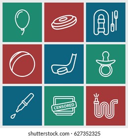 Rubber icons set. set of 9 rubber outline icons such as pacifier, water hose, censored, pipette, balloon, hockey stick and puck, plastic ball, inflatable boat
