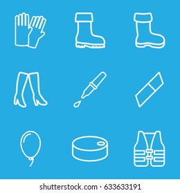 Rubber icons set. set of 9 rubber outline icons such as boot, glove, woman boots, pipette, balloon, life vest, hockey puck