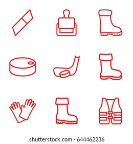 Rubber icons set. set of 9 rubber outline icons such as stamp, boot, gloves, life vest, hockey puck, hockey stick and puck