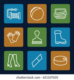 Rubber icons set. set of 9 rubber outline icons such as woman boots, boot, stamp, water hose, gloves, censored, hockey puck, eraser