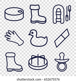 Rubber icons set. set of 9 rubber outline icons such as boot, pacifier, duck, child playground carousel, gloves, hockey puck, eraser