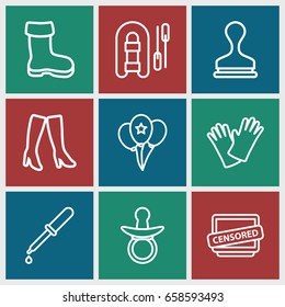 Rubber icons set. set of 9 rubber outline icons such as boot, pacifier, woman boots, stamp, gloves, pipette, censored, balloon