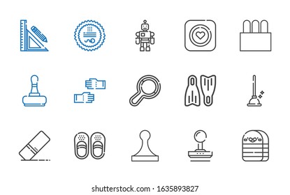 rubber icons set. Collection of rubber with eraser, stamp, sandals, plunger, flippers, rattle, glove, tampon, condom, toy, stationery. Editable and scalable rubber icons.