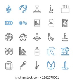 rubber icons set. Collection of rubber with pipette, bib, toilet brush, eyedropper, eraser, toy, tampon, correction fluid, stationery, sandals. Editable and scalable rubber icons.