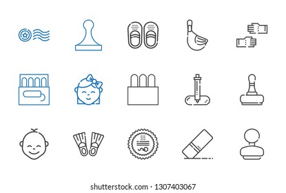 rubber icons set. Collection of rubber with rubber stamp, eraser, stamp, flippers, baby, pipette, tampon, glove, duck, sandals. Editable and scalable icons.