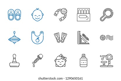 rubber icons set. Collection of rubber with toy, correction fluid, baby, eyedropper, stamp, stationery, flippers, bib, whirligig, rattle, tampon. Editable and scalable rubber icons.
