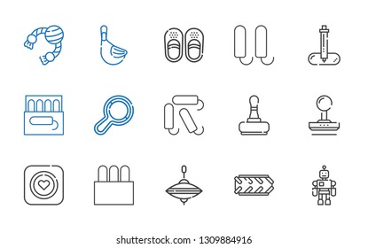 rubber icons set. Collection of rubber with toy, tire, whirligig, tampon, condom, stamp, rattle, pipette, sandals, duck. Editable and scalable rubber icons.