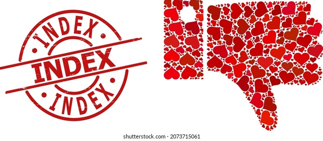 Rubber Index stamp seal, and red love heart pattern for thumb down. Red round stamp seal contains Index caption inside circle. Thumb down collage is designed with red romantic icons.