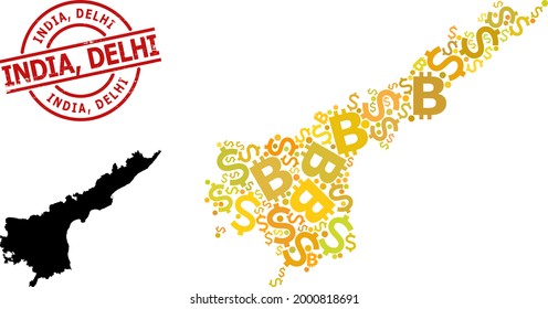 Rubber India, Delhi badge, and finance mosaic map of Andhra Pradesh State. Red round badge includes India, Delhi caption inside circle. Map of Andhra Pradesh State mosaic is organized with finance,