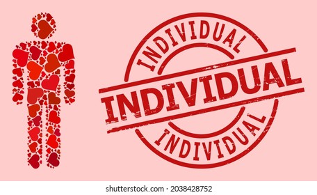 Rubber Individual stamp seal, and red love heart collage for man figure. Red round stamp has Individual caption inside circle. Man figure collage is composed from red valentine items.