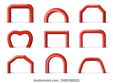 Rubber inflatable arch red color mockup design template isolated set on white background. Outdoor helium balloon in creative shape for presentation, sport event or wedding vector illustration