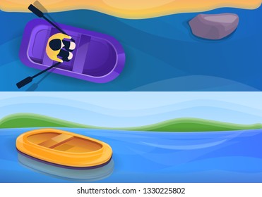 Rubber inflatable boat banner set. Cartoon illustration of rubber inflatable boat vector banner set for web design