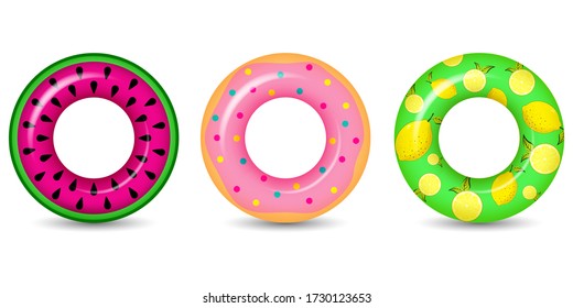 Rubber or inflatable ring. Set of isolated rubber swimming rings with cake, flower and lemon painting on it. 