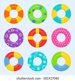 Rubber or inflatable ring vector set isolated from the background. Colorful icons swim ring in a flat style. Symbols vacation or holiday. 
