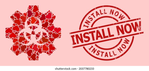 Sello de sello de instalación de caucho ahora, y collage rojo de corazón de amor para la industria de los peligros biológicos. El precinto redondo rojo incluye la leyenda Instalar ahora dentro del círculo.