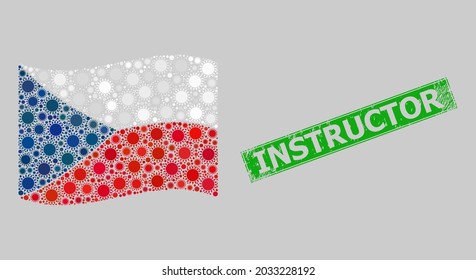 Instructor de caucho y mosaico ondeando bandera checa diseñada con iconos de sol. El sello verde incluye el título del instructor dentro del rectángulo.